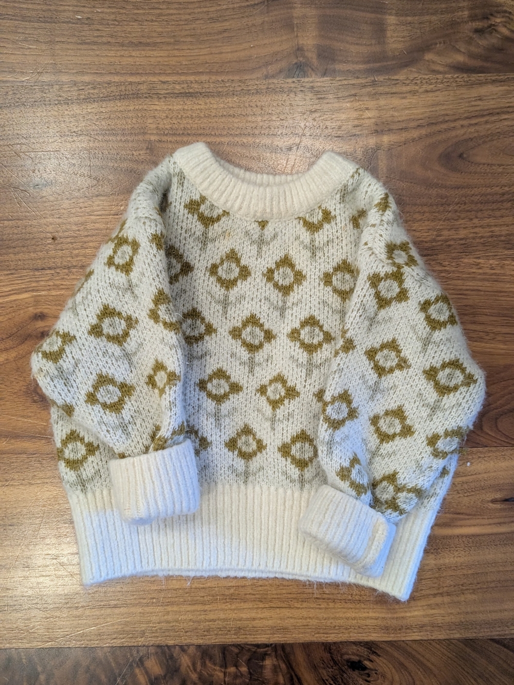 Quincy Mae Cream & Olive Patterned Crewneck Sweater
